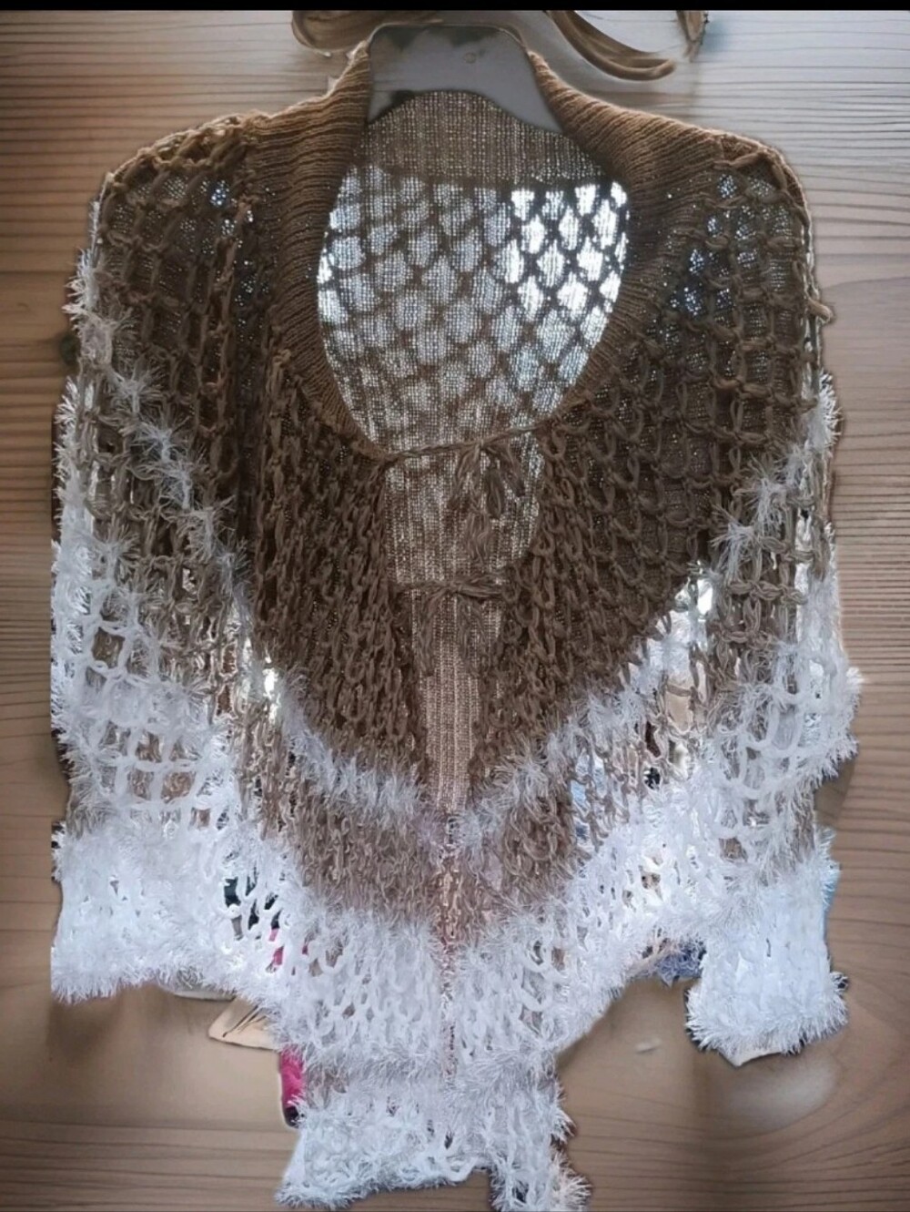 Open-Knit Fringe Shawl Wrap -jacket Cream and Tan